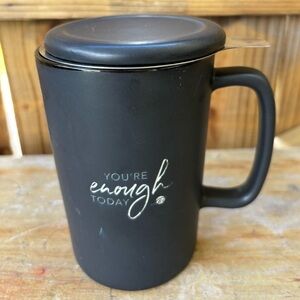 3 Piece Tea Cup Set You’re Enough Today Black & White Cup, Lid & Silver Infuser